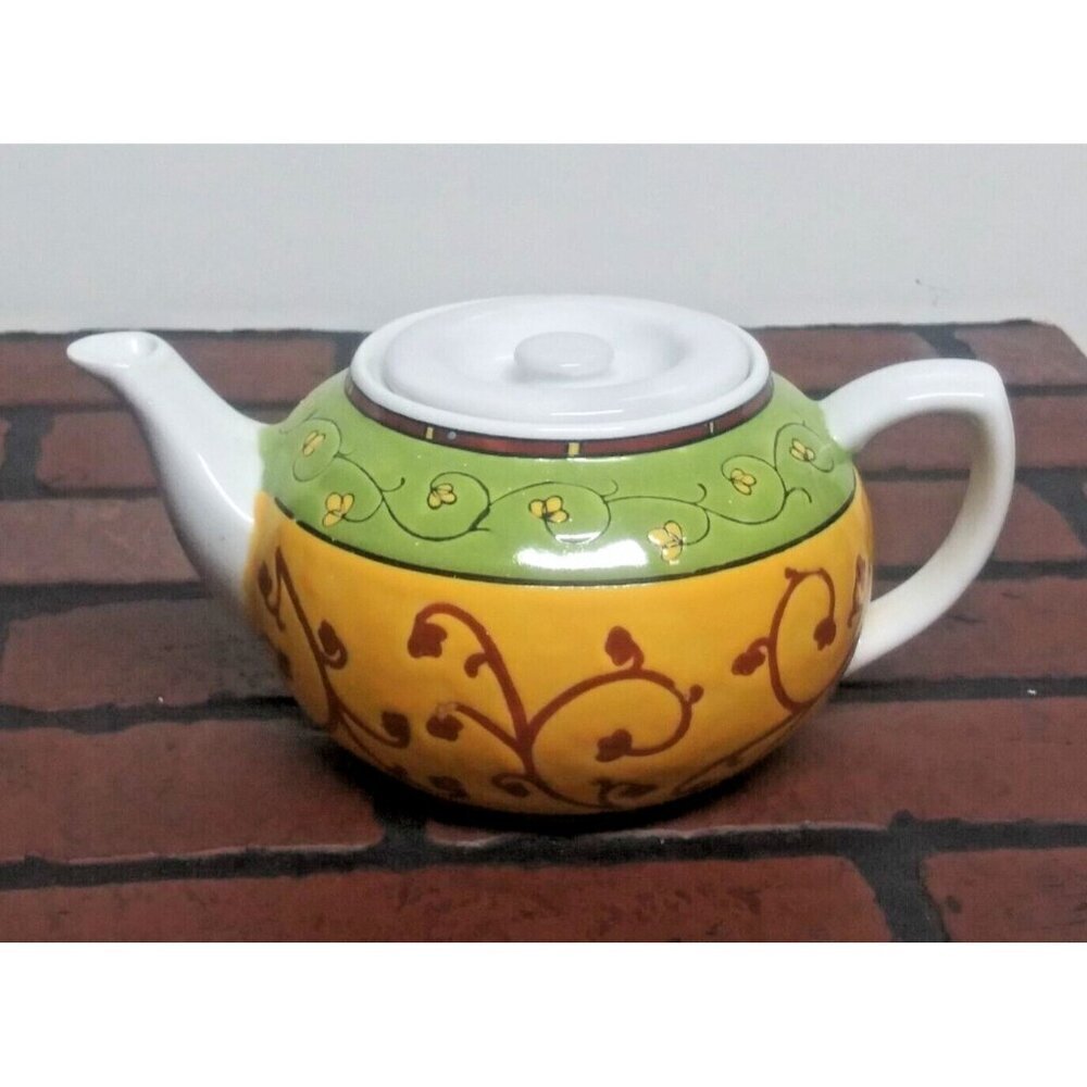Pier 1 Teapot Sake China Orient Yellow Green Red White Etched Floral 26 Oz EUC